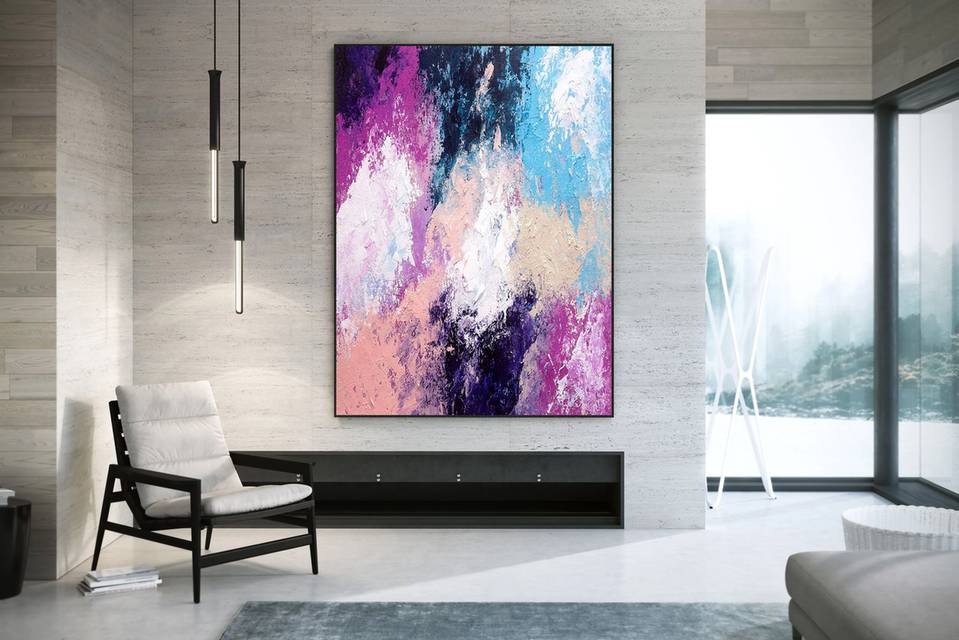 Blue Hand-painted Oversized Pink Abstract Canvas Wall Art 9JTMA